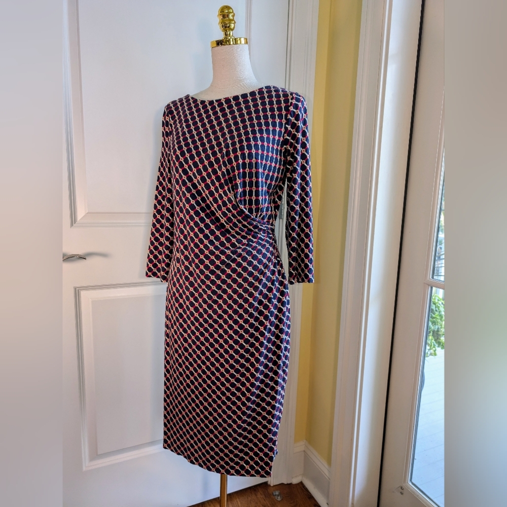 Talbots  Medium Geometric Faux Wrap Jersey Knit  Red/White/Blue/Tan  3/4 Sleeve